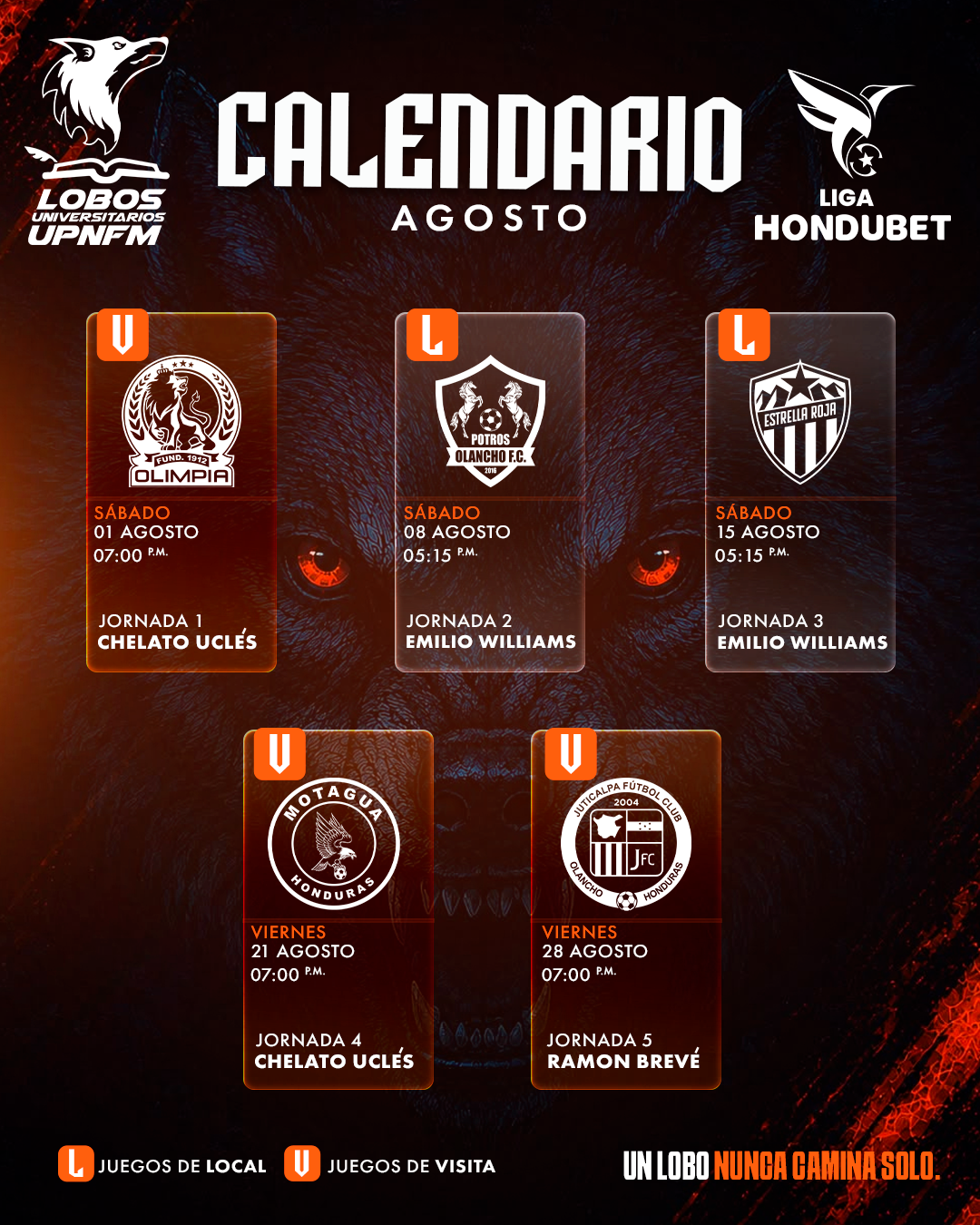 Calendario oficial de agosto Lobos UPNFM